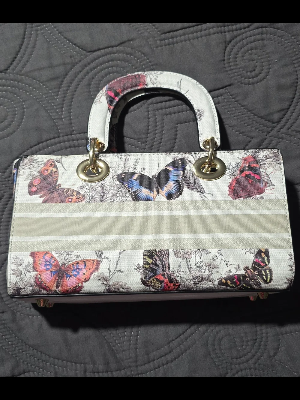 Butterfly Print White Top-Handle Bag